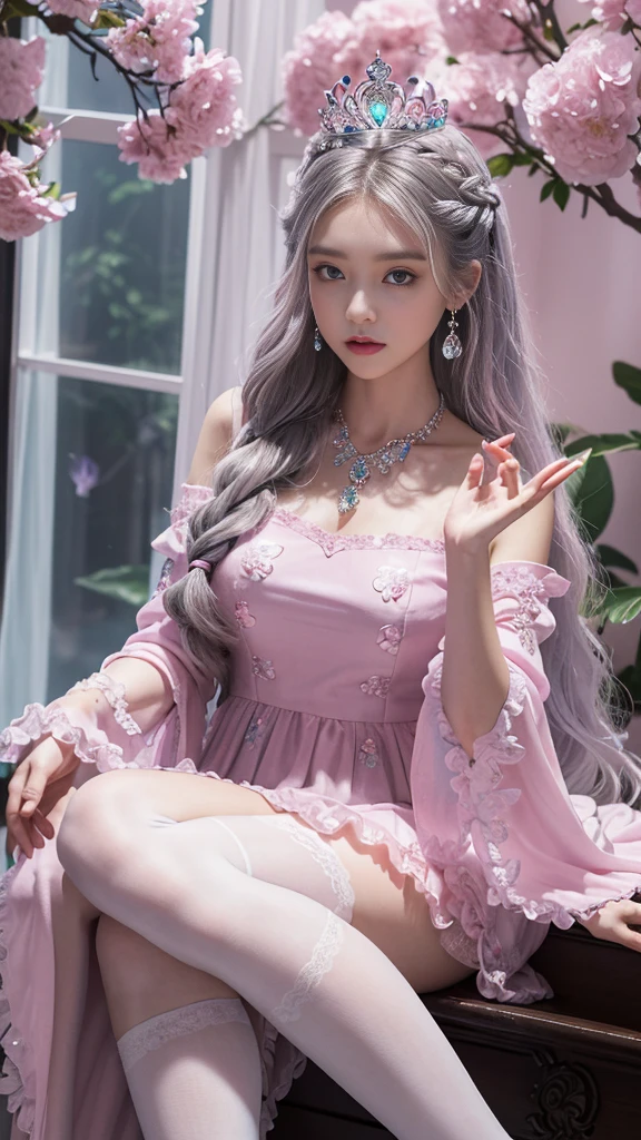 (masterpiece, best quality: 1.4), Detailed background, crystal, crystal Cluster, Long hair, Jewelry, earrings, necklace, crown, bride, hair, Halo, (Overlooking), Dynamic Angle, Extremely detailed, illustration, close up, Direct observation, 1 Girl, (fantasy: 1.4), (Delicate eyes: 1.233), Her eyes shone like dreamy stars, (Glowing eyes: 1.233), (Beautiful and delicate eyes: 1.1), (Silver hair: 1.14), (Messy hair, Very Long hair, French Braid, 两眼之间的hair, Lateral hair), (Flowering: 1.14)), (Chiffon Dress, Evenly spaced pink floral pattern)/= (military uniform: 1.24), (Slit sleeves, Wide sleeves), (Fingerless gloves), Necklace, (miko knee-high socks), high-heel boots, (Poker face, Residence), (permanent), (Classical princess boudoir with dressing table floor-to-ceiling windows quaint palace), (Pink flowers, bloom), (deep sea), (flowing water), (Dark pink world tree:1.14),(ruins),(night:1.2),Dreamy,soul,(Fluorescence),(Flying translucent pink butterfly:1.15),[Slender fingers and hands:0.55]::0.85], (Finger details), (yubao:0.5)
