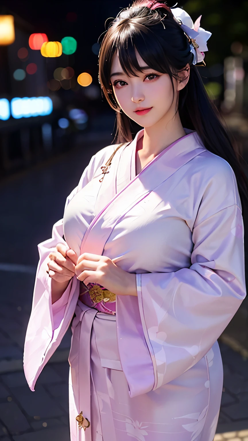 (logo、masterpiece、8K、Tabletop、RAW Photos、wonderful、最high quality、フォトリアリスティックでVery detailedな CG 複合 8K 壁紙、high quality、Very detailed、Narrative poem、Particle Effects、Dynamic Effects、Depth of the Boundary、Cinematic Light、Lens flare、Ray Tracing)、 (One beautiful woman wearing a yukata、White yukata、Light purple pattern)、Black-haired、High definition skin、Very fine、Fine skin texture、Beautiful Face、True Face、Beautiful details in the eyes、Realistic eyes、Beautifully detailed eyes、Realistic Skin、Beautiful Skin、Surreal、Smiling Eyes、Hair and light eyes、vivid、Colorful lights and bokeh、plump lower lip、Pink Lips、Hair flutters in Wind、Hair bounces、wonderful景色、night、evening、Wind、moonlight、moonlight、light