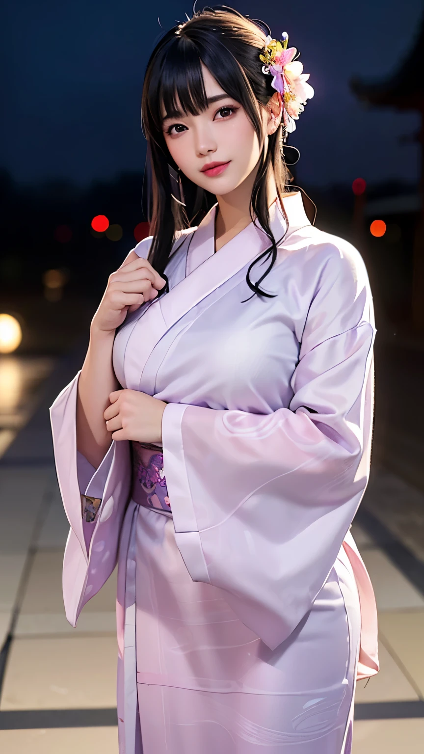 (logo、masterpiece、8K、Tabletop、RAW Photos、wonderful、最high quality、フォトリアリスティックでVery detailedな CG 複合 8K 壁紙、high quality、Very detailed、Narrative poem、Particle Effects、Dynamic Effects、Depth of the Boundary、Cinematic Light、Lens flare、Ray Tracing)、 (One beautiful woman wearing a yukata、White yukata、Light purple pattern)、Black-haired、High definition skin、Very fine、Fine skin texture、Beautiful Face、True Face、Beautiful details in the eyes、Realistic eyes、Beautifully detailed eyes、Realistic Skin、Beautiful Skin、Surreal、Smiling Eyes、Hair and light eyes、vivid、Colorful lights and bokeh、plump lower lip、Pink Lips、Hair flutters in Wind、Hair bounces、wonderful景色、night、evening、Wind、moonlight、moonlight、light