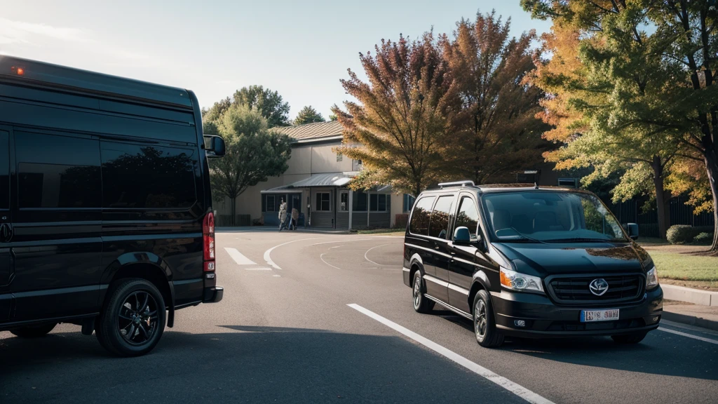 Parking lot at a school in autumn, there is a black van and a child, the is facing the side of the van, the side door is open and there is a woman calling the to get into the van