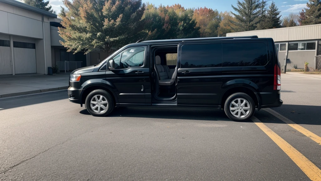 Parking lot at a school in autumn, there is a black van and a child, the  is facing the side of the van, the side door is open and there is a woman calling the  to get into the van