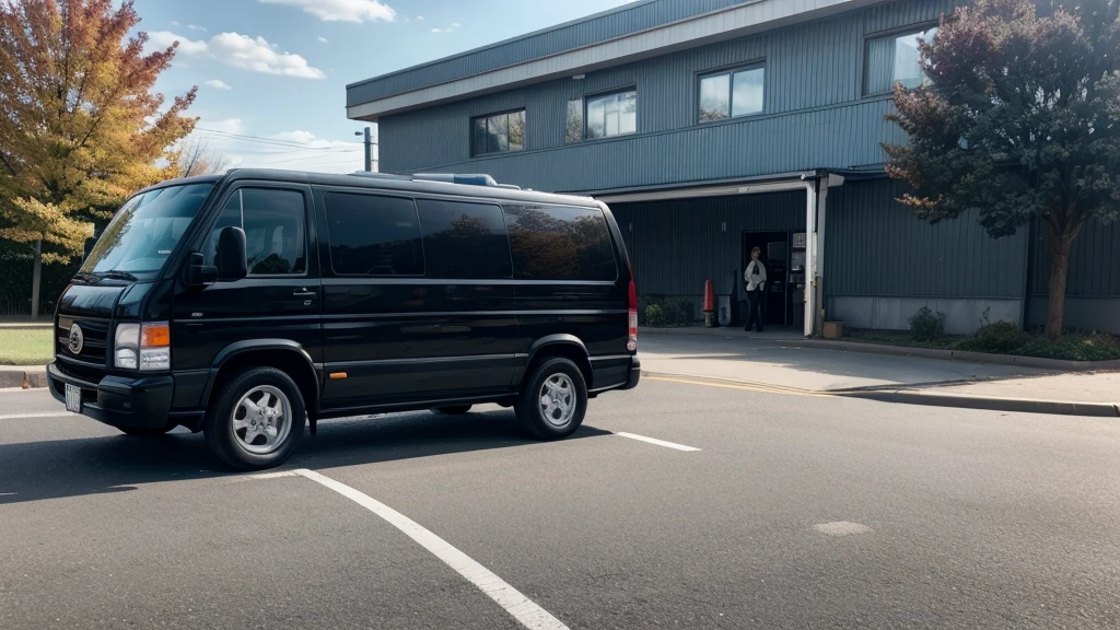 Parking lot at a school in autumn, there is a black van and a child, the is facing the side of the van, the side door is open and there is a woman calling the to get into the van