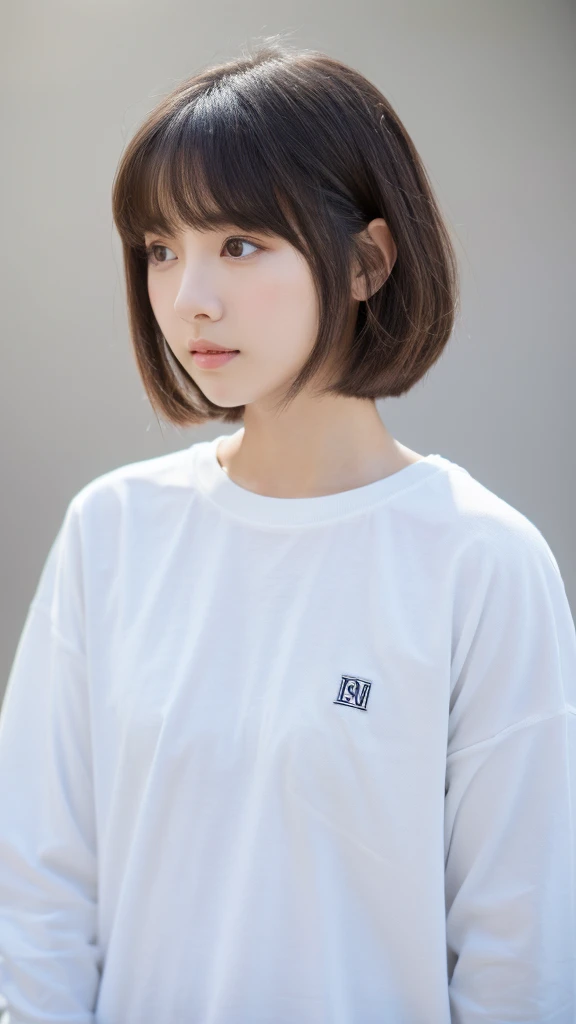 (top-quality、16K resolution) 1 girl、solo、natural soft light、Looking at the camera、Long sleeve white T-shirt、Concrete background、Facing the front、is standing、bobhair、Woman in her late teens、Light bangs、short-hair、Salon model、Natural look、portlate、floated hair、Rolled hair