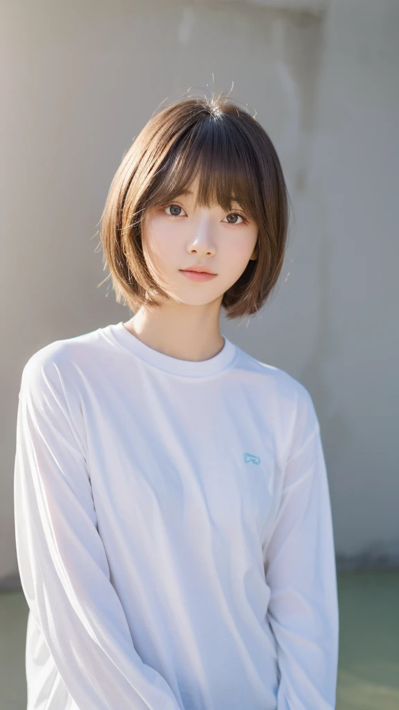 (top-quality、16K resolution) 1 girl、solo、natural soft light、Looking at the camera、Long sleeve white T-shirt、Concrete background、Facing the front、is standing、bobhair、Woman in her late teens、Light bangs、short-hair、Salon model、Natural look、portlate、floated hair、Rolled hair