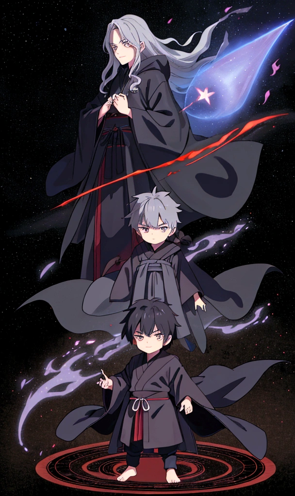 1man cartoon, he has dark grey hairs, full body wuxia, young shadow mage male, dressed with long fluent clothes, wearing star filled mage robes, wearing dark robe, chibi, wearing black robe, wearing black wizard robes, anime tribal boy with long hair