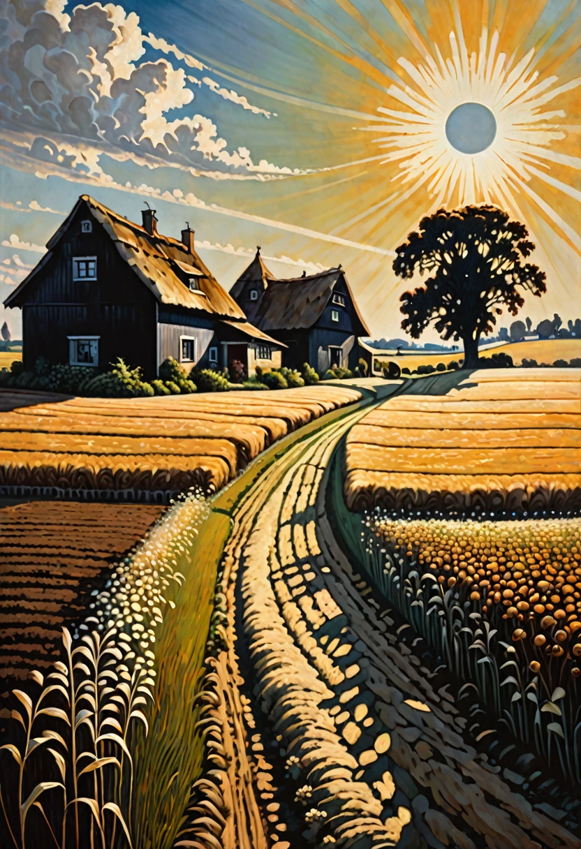 Panoramic view of a seeded field with a cottage and barn in the distance, and a sky with a  sun and a clear sky, style Dark fantasy of the 70s, German painting of romanticism, with spectacular shadows and lighting 