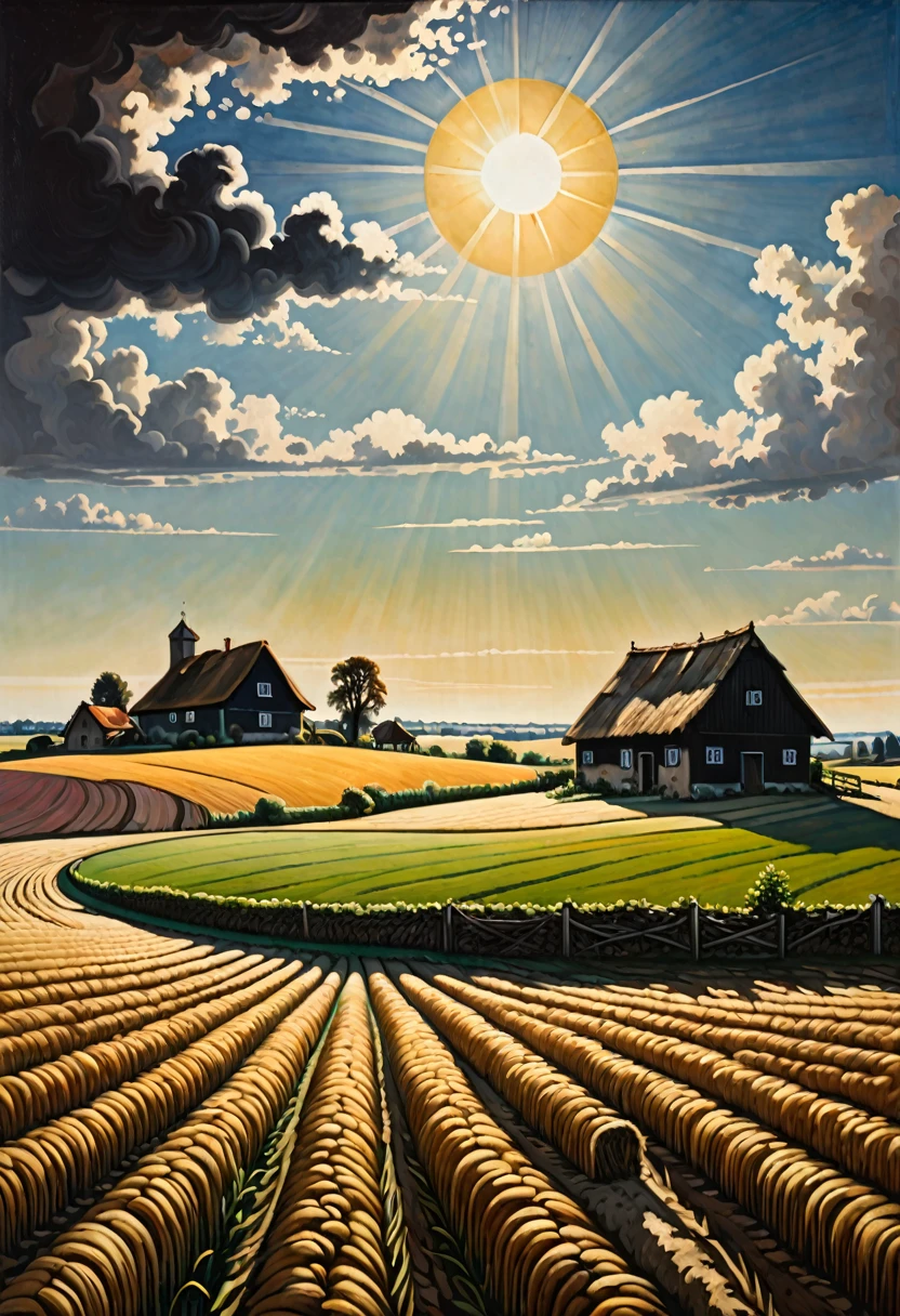 Panoramic view of a seeded field with a cottage and barn in the distance, and a sky with a sun and a clear sky, style Dark fantasy of the 70s, German painting of romanticism, with spectacular shadows and lighting
