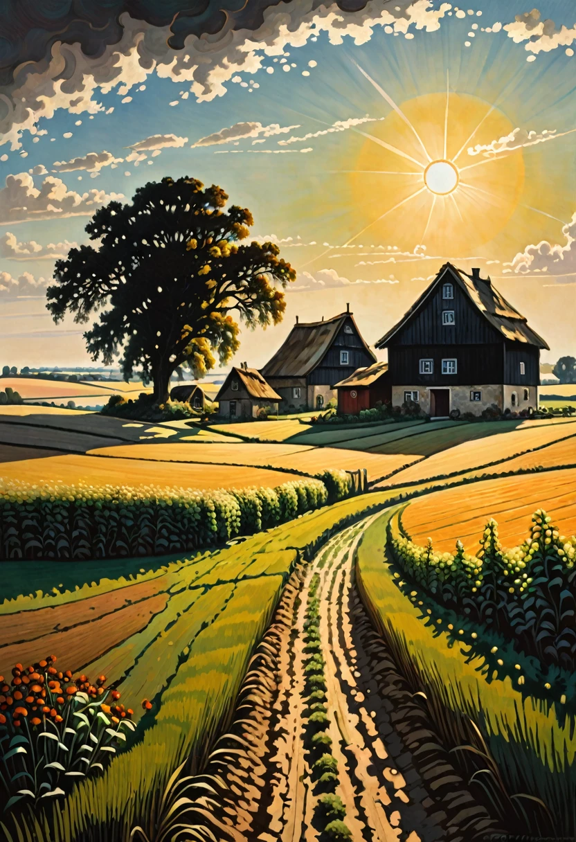 Panoramic view of a seeded field with a cottage and barn in the distance, and a sky with a sun and a clear sky, style Dark fantasy of the 70s, German painting of romanticism, with spectacular shadows and lighting