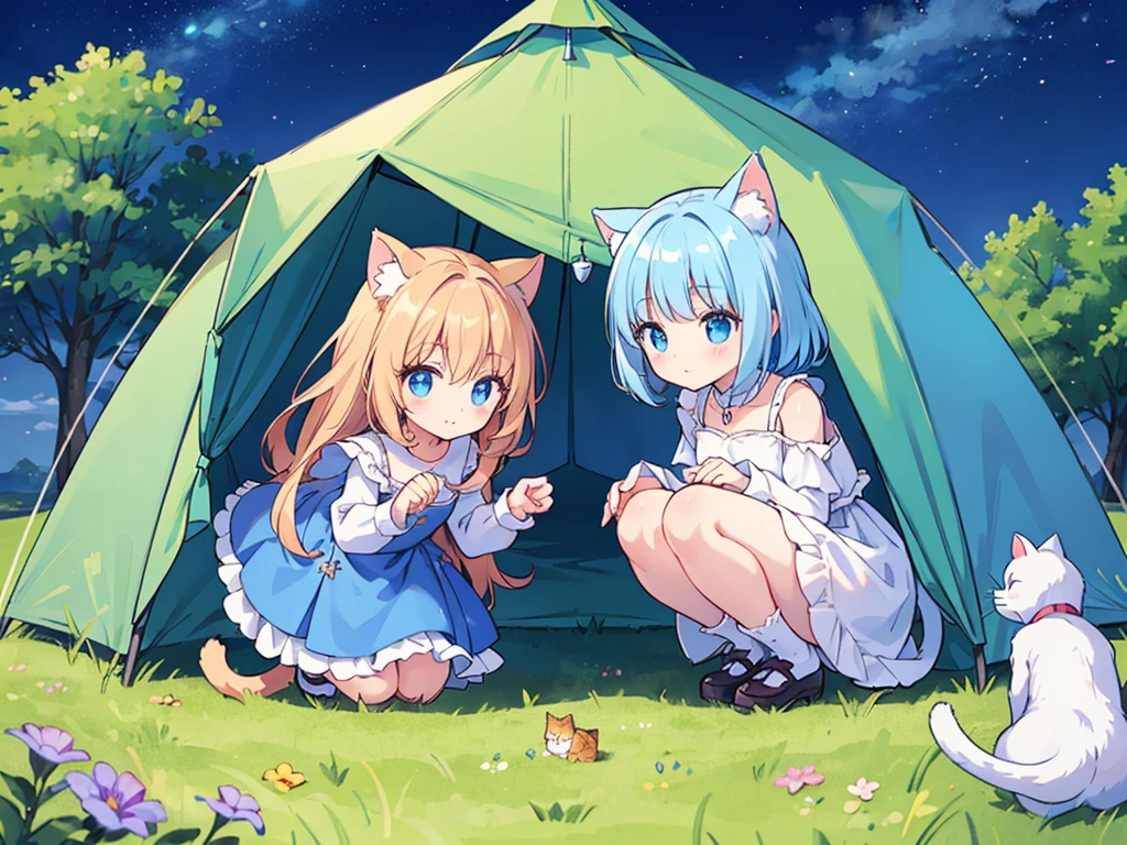 from fowerd, from below, close contact, perfect fullbody, perfect hands, perfect face, perfect eyes, (2rest conspicuous nifty magical chibi girls in tent with perfect cats), morning,