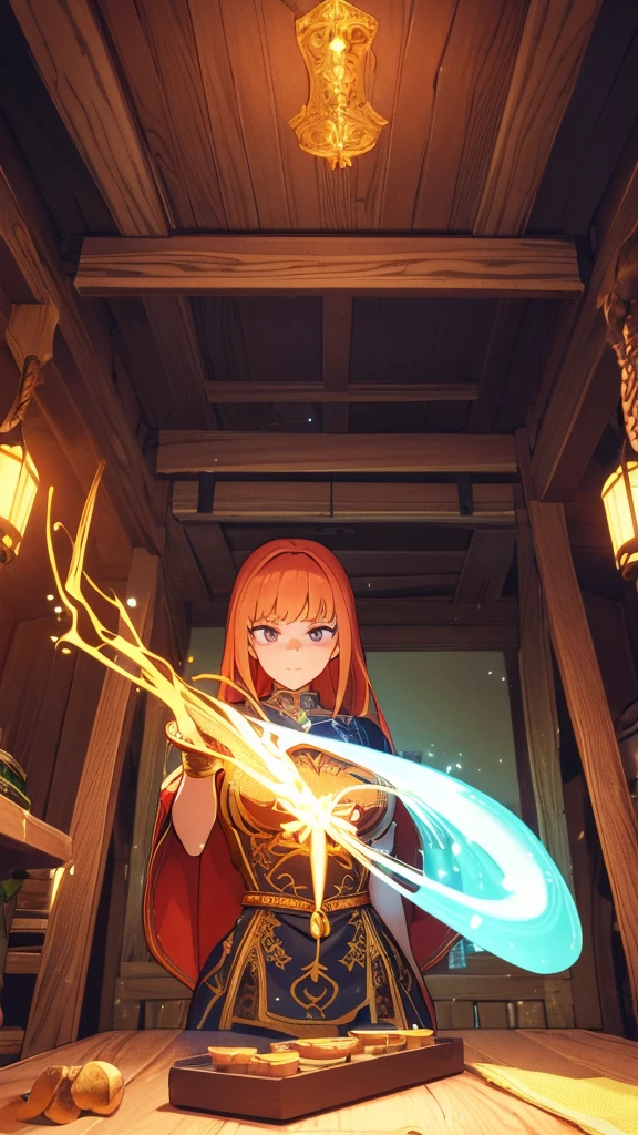 young ginger woman, medieval tale tavern, intricately detailed colorful interior, detailed intense sunrise lightning, best geometry, award wining masterpiece, ultra intricate shadows and lighting, best lighting, best shadows, intricate busy setting, trending on art station, global illumination, selfilluminated, bioluminescence, midjorney style, art by Albert Bierstadt
