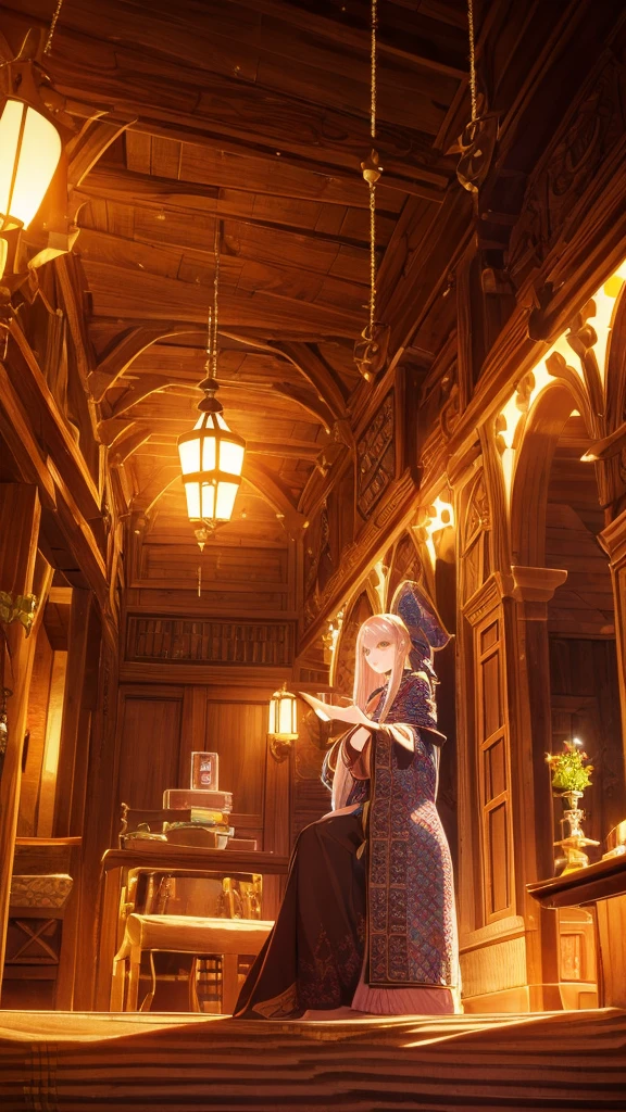 young ginger woman, medieval tale tavern, intricately detailed colorful interior, detailed intense sunrise lightning, best geometry, award wining masterpiece, ultra intricate shadows and lighting, best lighting, best shadows, intricate busy setting, trending on art station, global illumination, selfilluminated, bioluminescence, midjorney style, art by Albert Bierstadt