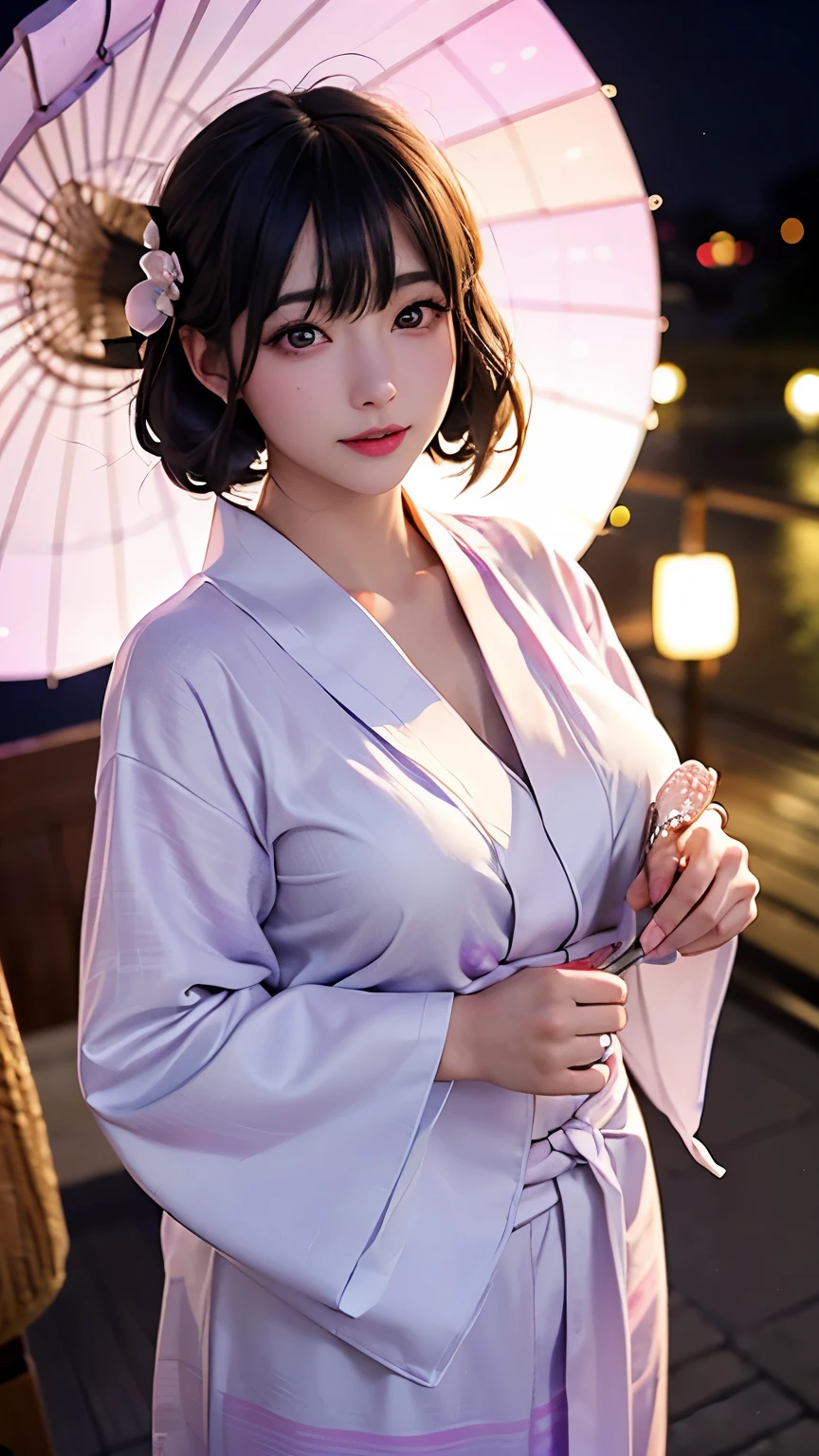 (logo、masterpiece、8K、Tabletop、RAW Photos、wonderful、最high quality、フォトリアリスティックでVery detailedな CG 複合 8K 壁紙、high quality、Very detailed、Narrative poem、Particle Effects、Dynamic Effects、Depth of the Boundary、Cinematic Light、Lens flare、Ray Tracing)、 (One beautiful woman wearing a yukata、White yukata、Light purple pattern)、Black-haired、High definition skin、Very fine、Fine skin texture、Beautiful Face、True Face、Beautiful details in the eyes、Realistic eyes、Beautifully detailed eyes、Realistic Skin、Beautiful Skin、Surreal、Smiling Eyes、Hair and light eyes、vivid、Colorful lights and bokeh、plump lower lip、Pink Lips、Hair flutters in Wind、Hair bounces、wonderful景色、night、evening、Wind、moonlight、moonlight、light