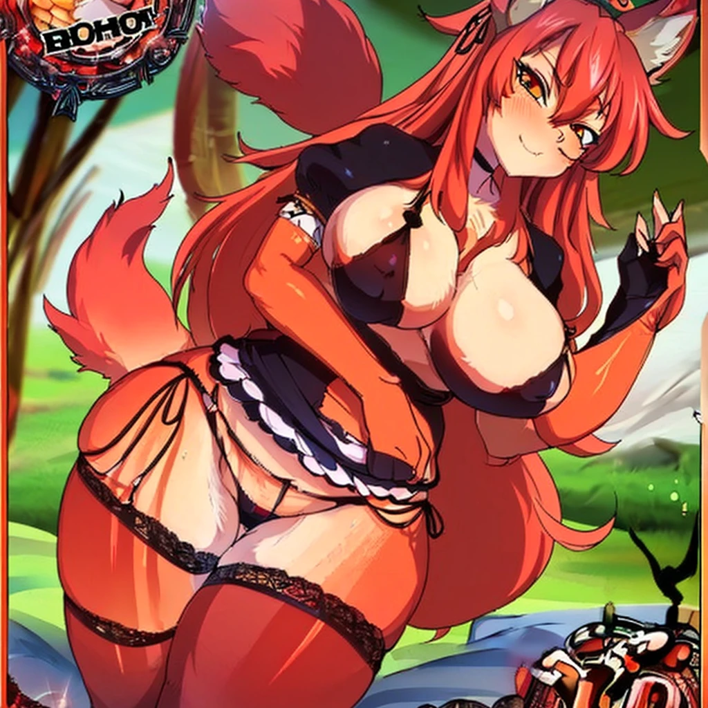 (remover censura), ((((sensuous))), best qualityer, masterprice, 1 girl, raytracing, face detailed, 8 k wallpaper, (high resolution), ssmile, breasts big, Transparent underwear, Buttocks, lying on a bed, long hair, Stockings, lace trim panties, legs spread open, animal ears, bangss, fox ears, gazing at viewer, fox tail, へそ, holding a poster in hands,