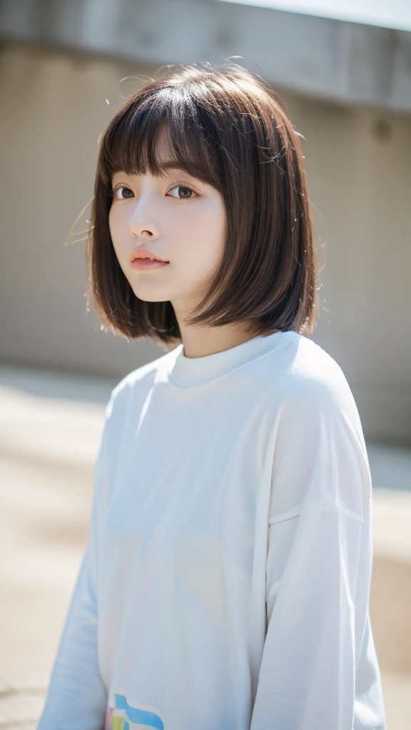 (top-quality、16K resolution) 1 girl、solo、natural soft light、Looking at the camera、Long sleeve white T-shirt、Concrete background、Facing the front、is standing、Woman in her late s、Light bangs、short-hair、Salon model、Natural look、portlate、floated hair、Rolled hair