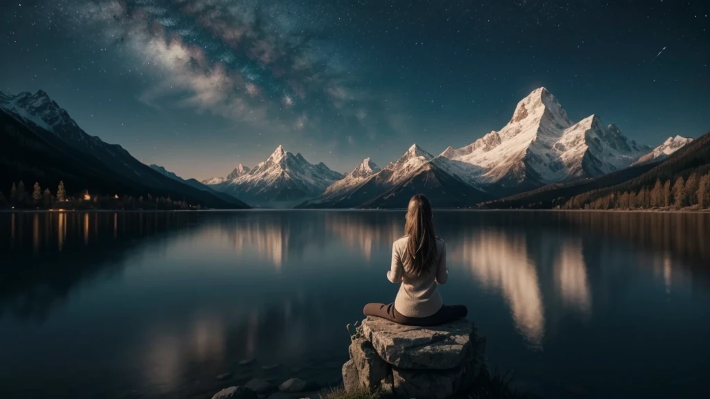Person meditating. Beautiful landscape of lakes and mountains. Dream universe is fantastic. Symbols of nature. Feeling of grandeur and serenity. Kinematic lighting.