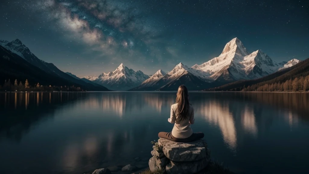 Person meditating. Beautiful landscape of lakes and mountains. Dream universe is fantastic. Symbols of nature. Feeling of grandeur and serenity. Kinematic lighting.