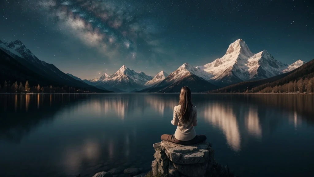 Person meditating. Beautiful landscape of lakes and mountains. Dream universe is fantastic. Symbols of nature. Feeling of grandeur and serenity. Kinematic lighting.