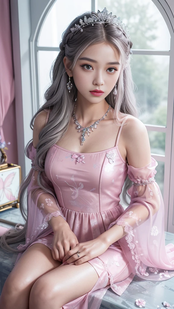 (Masterpiece, Best Quality: 1.4), Detailed Background, Crystal, Crystal Cluster, Long Hair, Jewelry, Earrings, Necklace, Crown, Bride, Hair, Halo, (Overlook), Dynamic Angle, Ultra Detailed, Illustration, Close Up, Direct Look, 1girl, (Fantasy: 1.4), (detailed Eyes: 1.233), Her Eyes Shine Like Dreamy Stars, (Glow Eyes: 1.233), (Beautiful and Delicate Eyes: 1.1), (Silver Hair: 1.14), (Messy Hair, Very Long Hair, French braids, hair between the eyes, side hair), (hair flower: 1.14)), (chiffon dress, uniform pink flower pattern)/= (military uniform: 1.24), (split sleeves, wide sleeves), (fingerless gloves), choker, (miko thighhighs), high heeled boots, (expressionless, shut up), (standing), (classical princess boudoir with dresser floor-to-ceiling windows ancient palace), (pink flowers, blooming), (deep sea), (flowing water), (dark pink world tree:1.14),(Ruins),(Night:1.2),dreamy,Soul,(fluorescent),(Flying Translucent pink Butterfly:1.15),[Delicate Fingers and Hands:0.55]::0.85], (Finger Detail), (Yubao:0.5)