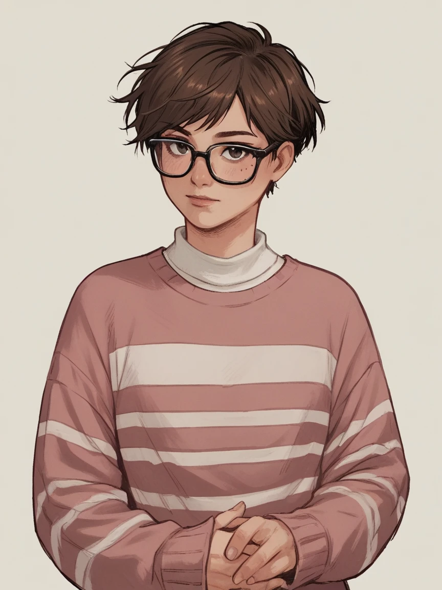 score_9, score_8_up, score_7_up, score_6_up, score_5_up, score_4_up, wh33z13, 1woman, white skin, Brown short hair, pink striped sweater, dark eyes rosé glasses
