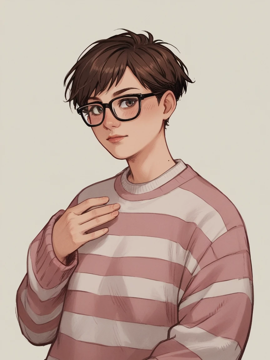 score_9, score_8_up, score_7_up, score_6_up, score_5_up, score_4_up,   wh33z13, 1woman, white skin, Brown short hair, pink striped sweater, dark eyes  rosé glasses 