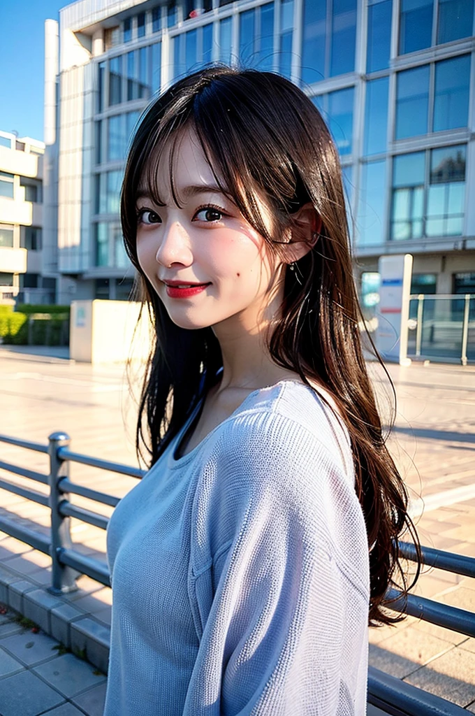 (8K, RAW Photos, Highest quality、masterpiece:1.2), (Realistic、Realistic:1.37), 1 girl, Laughter, View your audience, The background is blue sky, Blurred Background, Particles of light, Strong winds,
