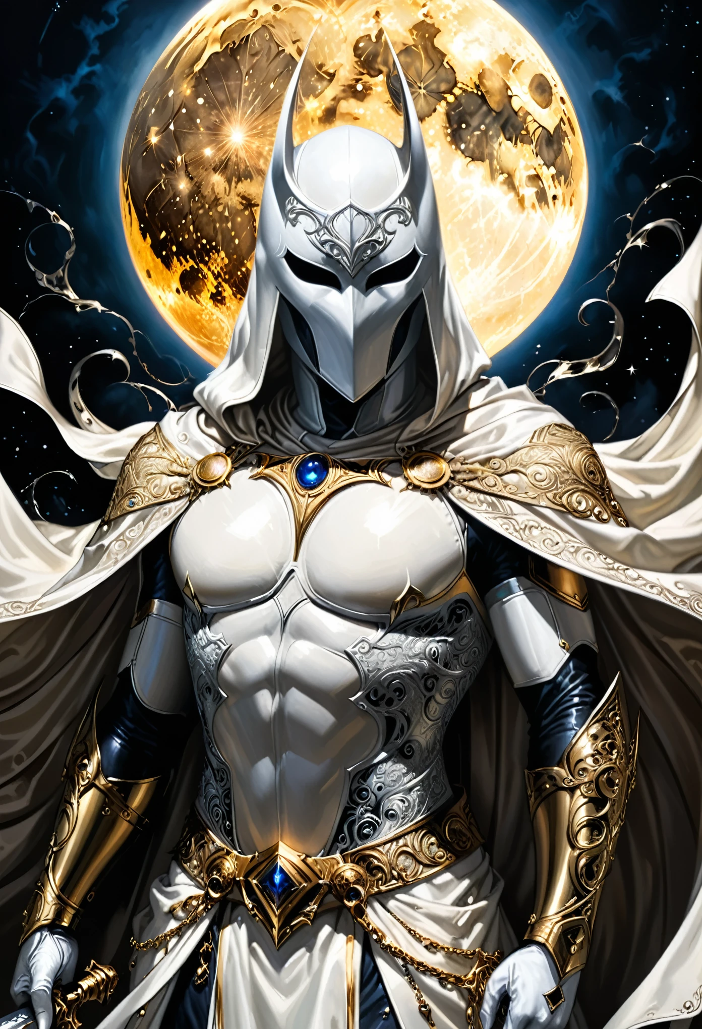 in style of Brian M. Viveros,A closeup of fantastical image of a moon knight, clad in flowing, flowing robes, wielding an ornate, ornate blade. Their eyes are filled with power and determination, as they wield the sword in a fluid, dynamic motion. The moon's reflection highlights their magical power(,insanely detailed and intricate, hypermaximalist, elegant, ornate, hyper realistic, super detailed)