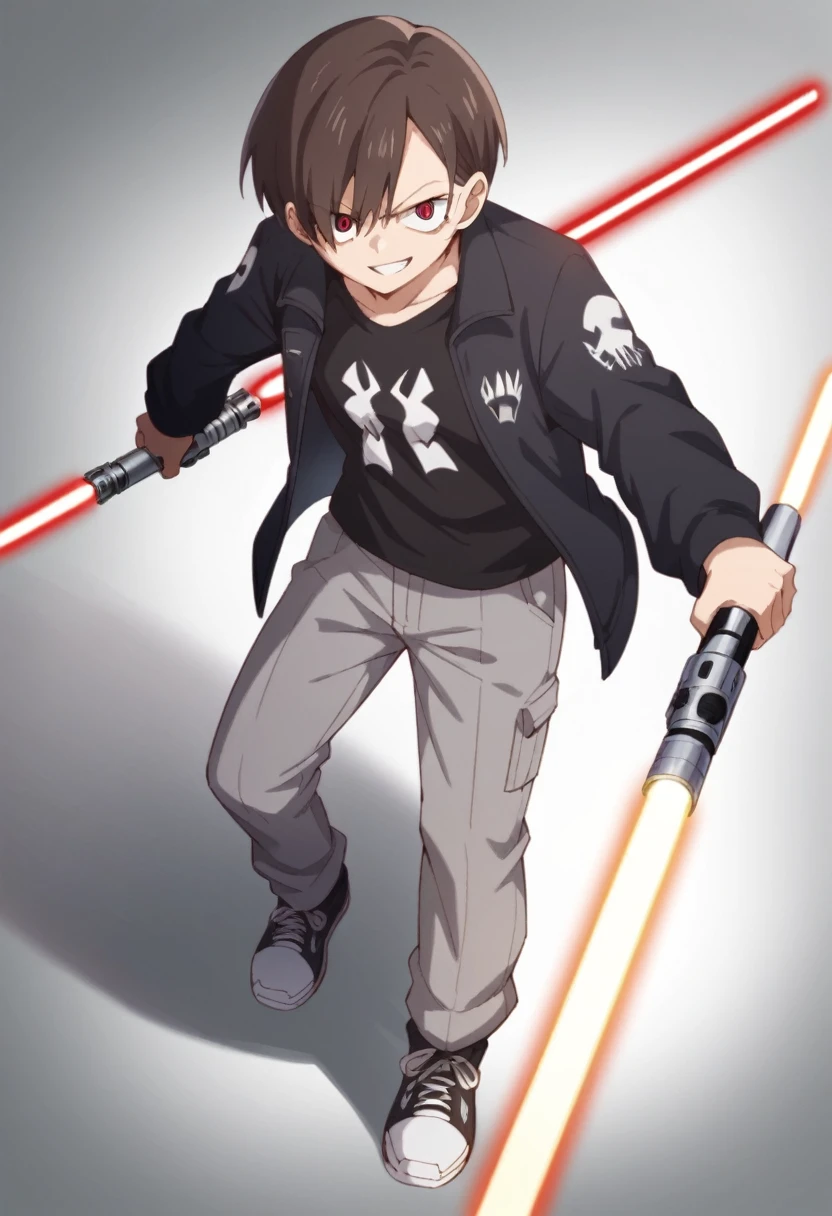 Kyoutarou Ichikawa,,, Red eyes, smile evil, black jacket, black t-shirt with red details, gray sports pants, sneakers, lightsaber  de color rojo, lightsaber (star wars)