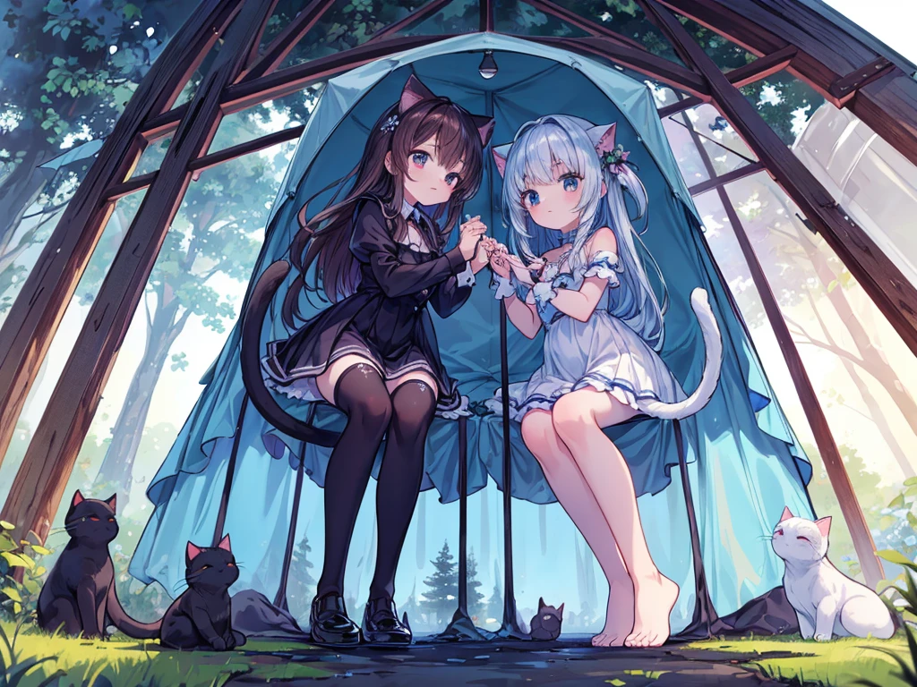 culmination masterpiece, impressive moment, unexampled superlative highres definitely organized detail, from fowerd, from below, close contact, perfect fullbody, perfect hands, perfect face, perfect eyes, (2rest conspicuous nifty magical chibi girls in tent with perfect cats), fantasy world, forest field, illustration, Artistic, peaceful atmosphere, morning,