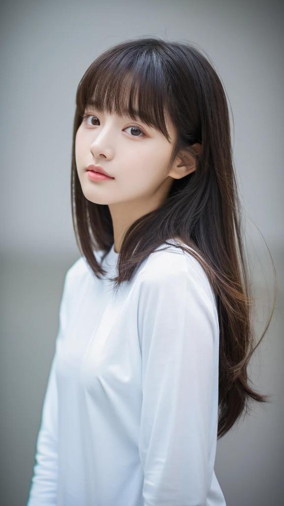 (top-quality、16K resolution) 1 girl、solo、natural soft light、Looking at the camera、Long sleeve white T-shirt、Concrete background、Facing the front、is standing、Woman in her late s、Light bangs、Salon model、Natural look、portlate、floated hair、Rolled hair