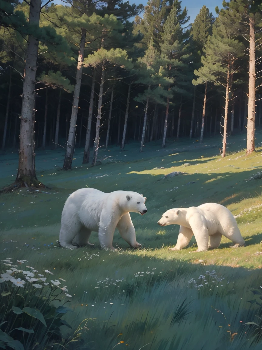 ((Several polar bears))，(play in the field, field，Cute white bear, Cute Girls), Ghibli background style, Yurukyara style，Cute storybook illustration, , 柔和Light, cream, giorgio morandi color, thick line graph, Full color illustrations, Picnic in the forest, Cover illustration, landscape，truck，grassland fields，grassland，plant，Natural style, (Light:1.0)，masterpiece，Highest quality,