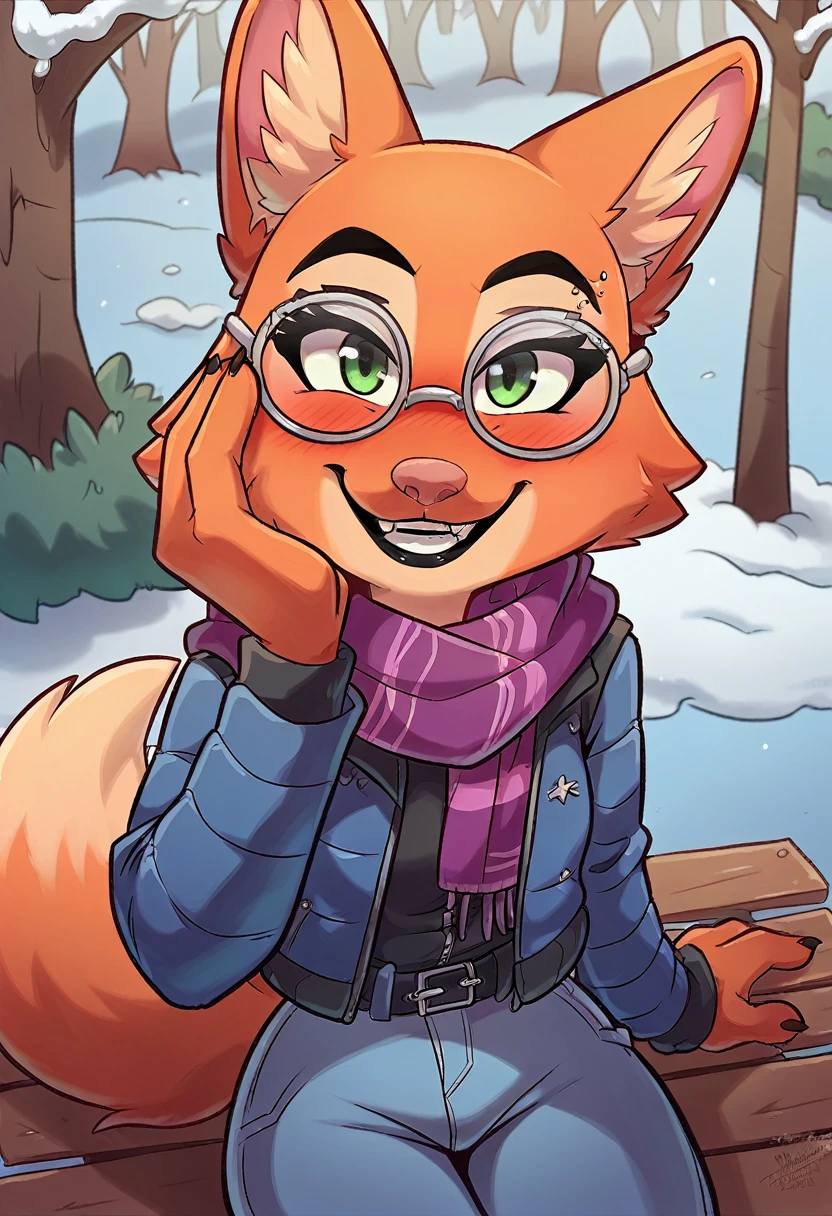 score_9, score_8_up, score_7_up, score_6_up, score_5_up, score_4_up, Diane_Foxington, fox, ginger fur, emerald eyes, black lipstick, sharp black eyebrows, silver piercings on eyebrow, dusty-pink nose, black eyelashes, 4 fingers, winter clothes, scarf, warm smile, happy, looking at the viewer with a curious face, glasses, sitting on a bench in the park, with one hand on her cheek, blushing
