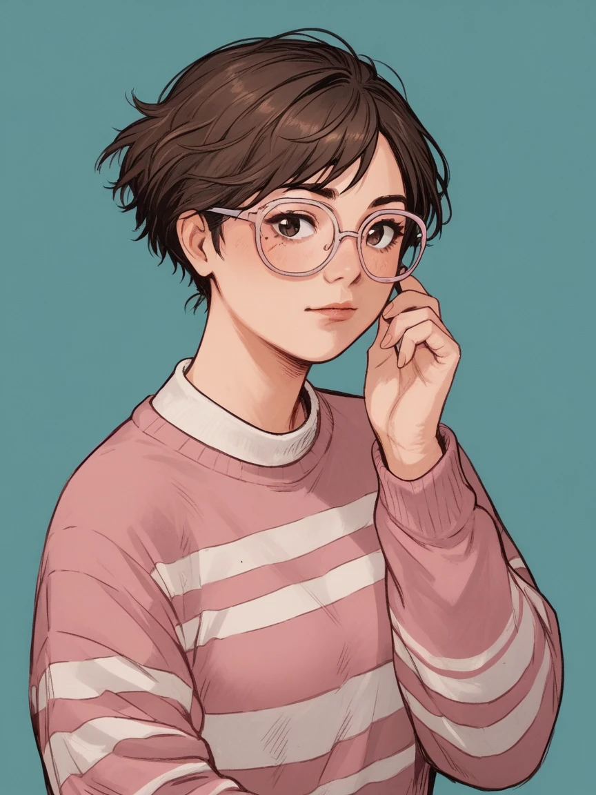 score_9, score_8_up, score_7_up, score_6_up, score_5_up, score_4_up, wh33z13, 1woman, white skin, Brown short hair, pink striped sweater, dark eyes, rosé glasses