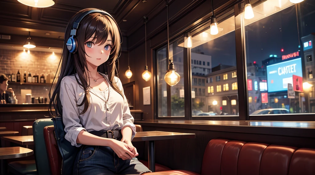 Girl with headphones enjoying music in a cafe I am studying Emphasize a little bit of the chest Night Background