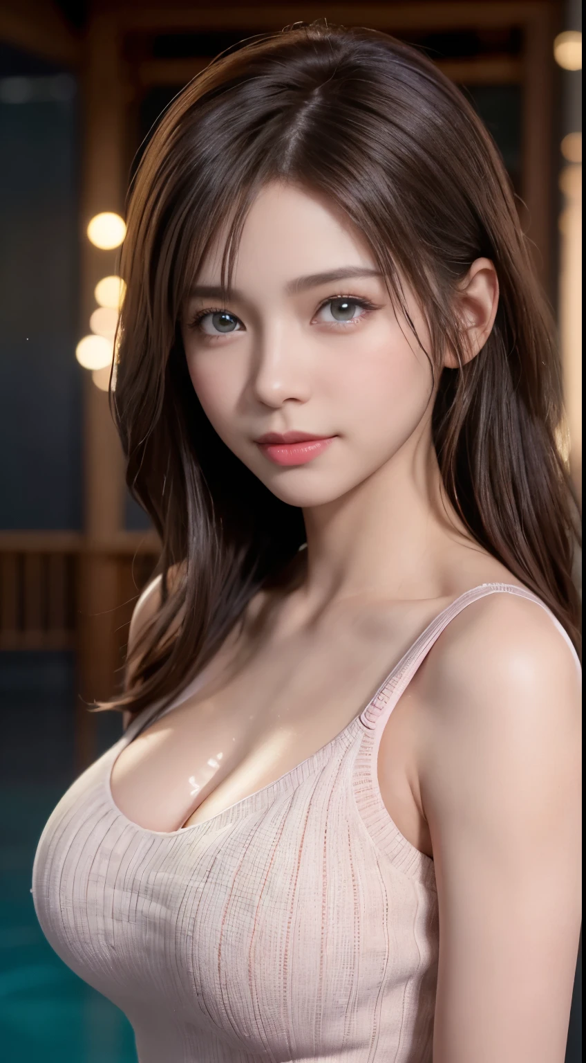 (logo, masterpiece, 8K, Tabletop, RAW Photos, wonderful, 最high quality, Photorealistic and very detailed CG composite 8k wallpaper, high quality, Very detailed, Narrative poem, Particle Effects, Dynamic Effects, Depth of the Boundary, Cinematic Light, Lens flare, Ray Tracing), short hair beautiful young woman, Hair tied back, high detail skin, very fine, fine skin texture, beautiful face, realistic eyes, beautifully detailed eyes, realistic skin, beautiful skin, surreal, smiling eyes, Hair and light eyes, Vibrant, Colorful lights and bokeh. The lighting casts a warm glow on her face and hair, Blue glow, Water surface reflection, Creates a dreamy and magical atmosphere, Big Breasts, Brown Hair, short hair, plump lower lip, pink blush on the cheeks , pink lips, brown tight no-shoulder knit sweater
