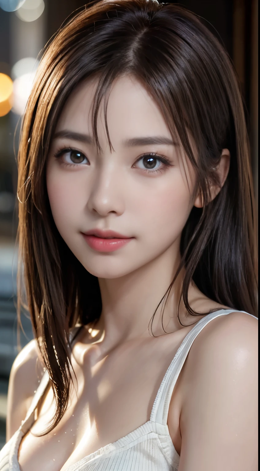 (logo, masterpiece, 8K, Tabletop, RAW Photos, wonderful, 最high quality, Photorealistic and very detailed CG composite 8k wallpaper, high quality, Very detailed, Narrative poem, Particle Effects, Dynamic Effects, Depth of the Boundary, Cinematic Light, Lens flare, Ray Tracing), short hair beautiful young woman, Hair tied back, high detail skin, very fine, fine skin texture, beautiful face, realistic eyes, beautifully detailed eyes, realistic skin, beautiful skin, surreal, smiling eyes, Hair and light eyes, Vibrant, Colorful lights and bokeh. The lighting casts a warm glow on her face and hair, Blue glow, Water surface reflection, Creates a dreamy and magical atmosphere, Big Breasts, Brown Hair, short hair, plump lower lip, pink blush on the cheeks , pink lips, brown tight no-shoulder knit sweater