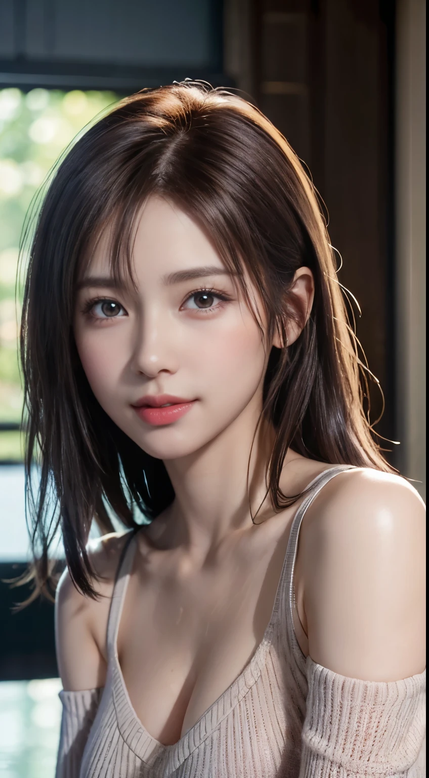 (logo, masterpiece, 8K, Tabletop, RAW Photos, wonderful, 最high quality, Photorealistic and very detailed CG composite 8k wallpaper, high quality, Very detailed, Narrative poem, Particle Effects, Dynamic Effects, Depth of the Boundary, Cinematic Light, Lens flare, Ray Tracing), short hair beautiful young woman, Hair tied back, high detail skin, very fine, fine skin texture, beautiful face, realistic eyes, beautifully detailed eyes, realistic skin, beautiful skin, surreal, smiling eyes, Hair and light eyes, Vibrant, Colorful lights and bokeh. The lighting casts a warm glow on her face and hair, Blue glow, Water surface reflection, Creates a dreamy and magical atmosphere, Big Breasts, Brown Hair, short hair, plump lower lip, pink blush on the cheeks , pink lips, brown tight no-shoulder knit sweater