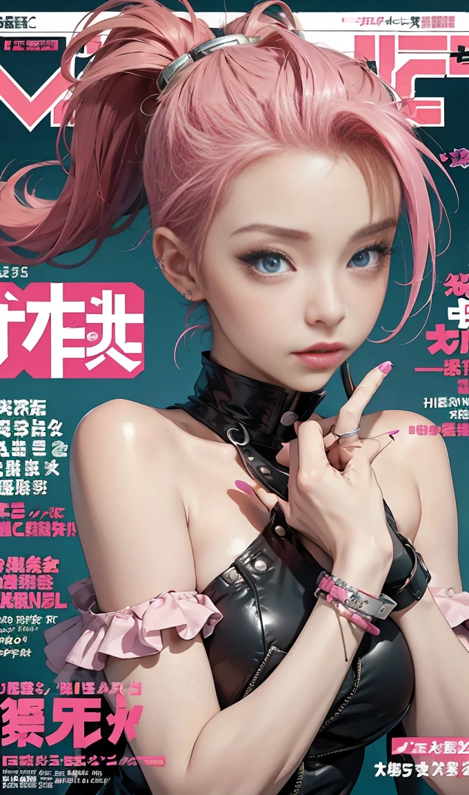 best quality, works of masters, high resolution, 1 woman, What a beautiful face, really beautiful eyes, very beautiful pink mohawk hair，(magazine cover:1.2)，Trendy Harajuku style rock outfit，bare one&#39;s shoulders, highlighted super huge super huge , showing cleavage 