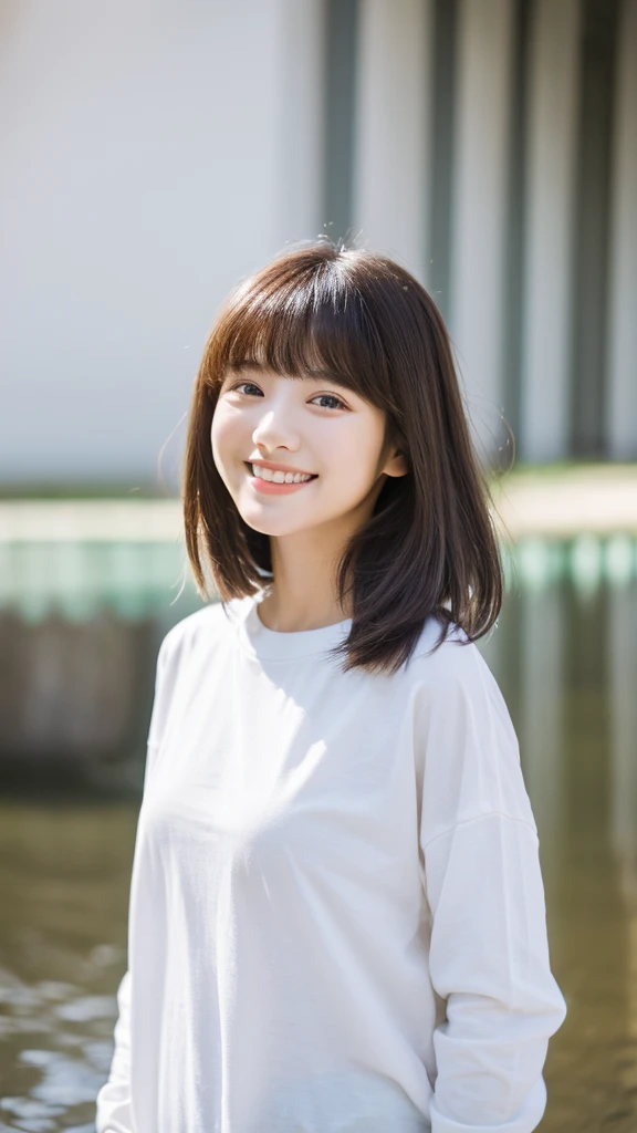 (top-quality、16K resolution) 1 girl、solo、natural soft light、smile, Looking at the camera、Long sleeve white T-shirt、Concrete background、Facing the front、is standing、Woman in her late teens、Light bangs、Salon model、Natural look、portlate、floated hair、Rolled hair