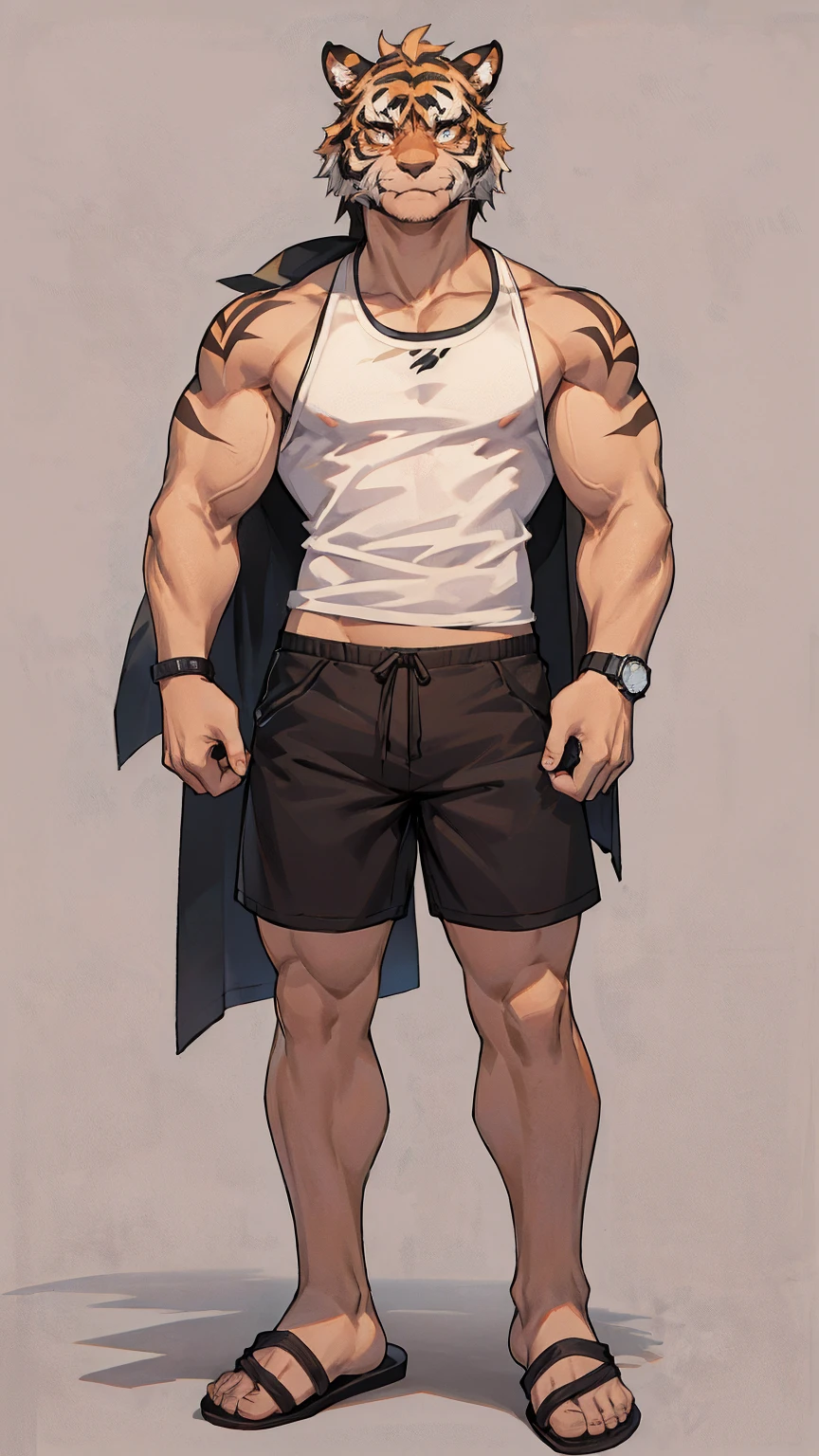 (8K, best quality, masterpiece:1.2),(best quality:1.0), (Ultra-high resolution:1.0),(Delicate facial features:1.0),cartoon, A muscle tiger furry, Tattoo,shorts,Sleeveless shirt,Right hand watch,slippers,Full body portrait,