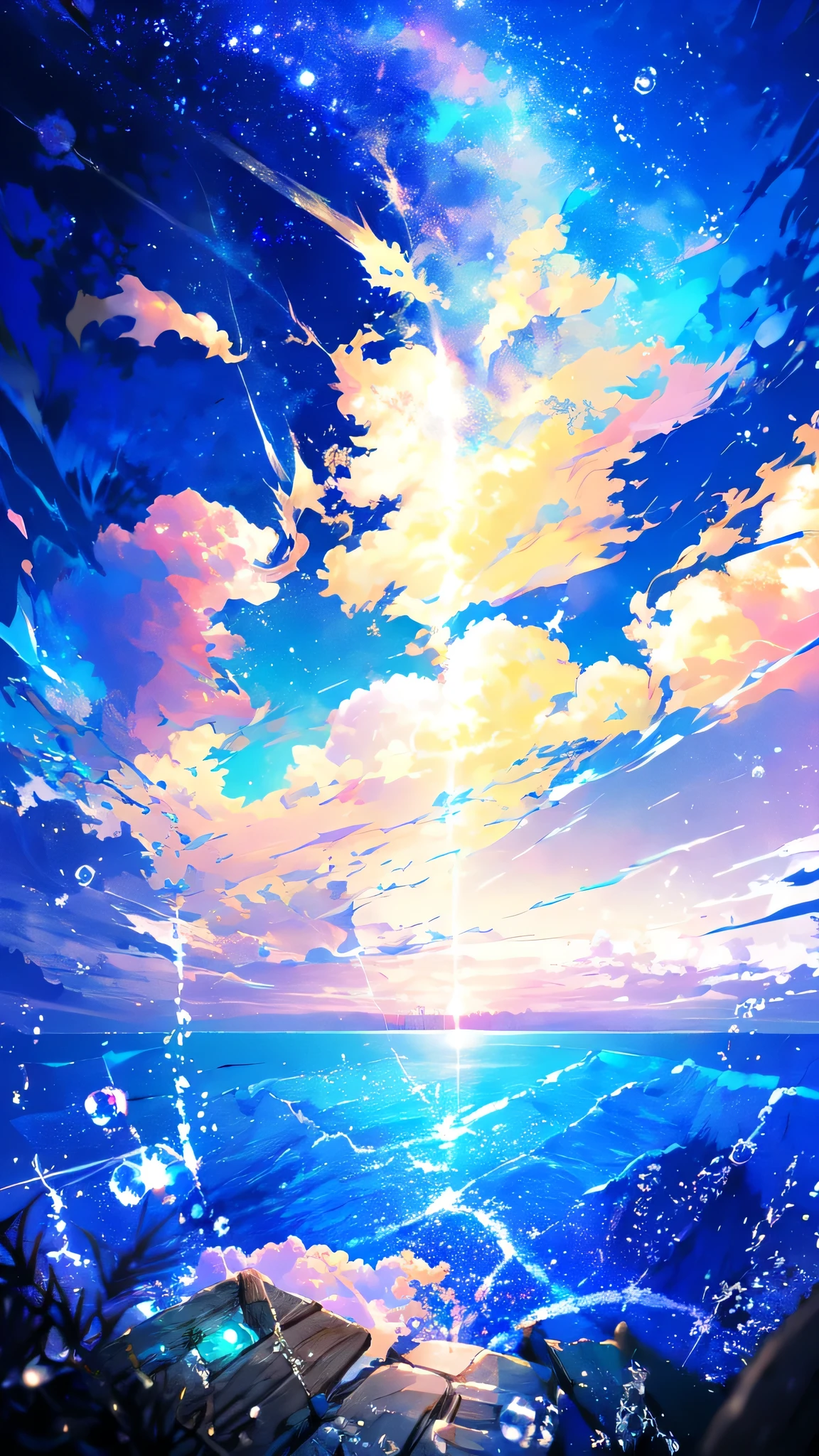 -scenery, 1girl, sky, Star (sky), Highest Resolution、鈴、Sunlight from above, Morning, solo,Fine starry sky、 city lights, Starry sky, Fine bubbles、night sky, bubble, watercraft, outdoors, short hair, ocean, Big cloud,coloured glaze,