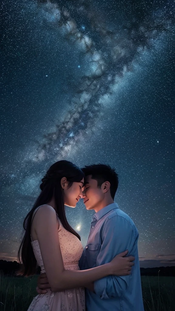 Beautiful starry sky　Illustration of lovers embracing each other under the night view