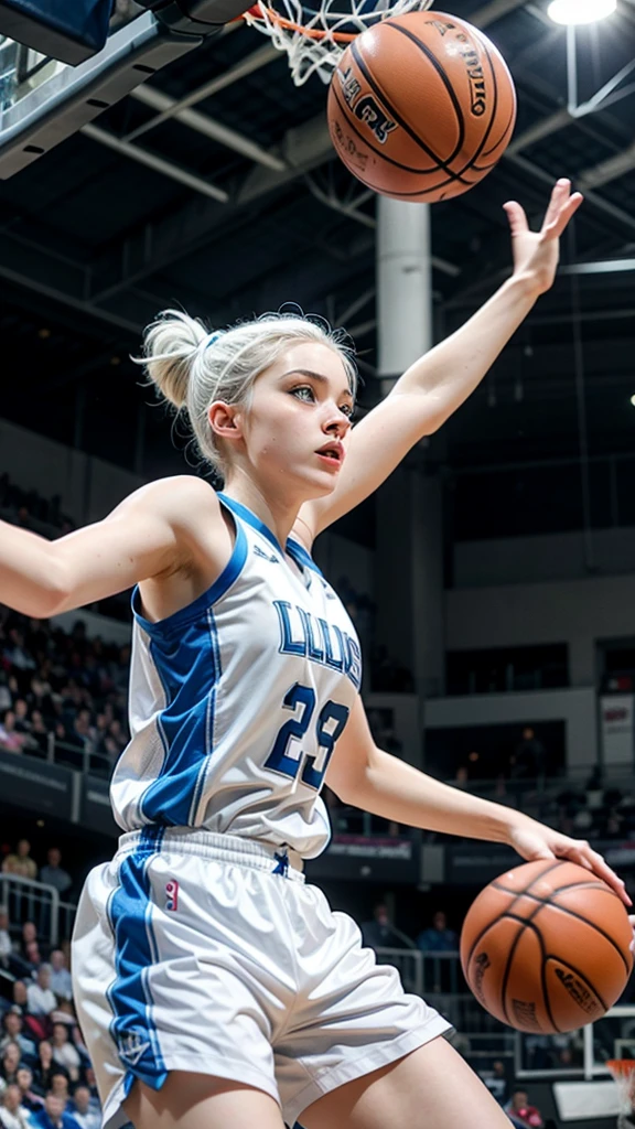 Female teenager with white hair up, blue eyes and white skin doing a dunk in basketball