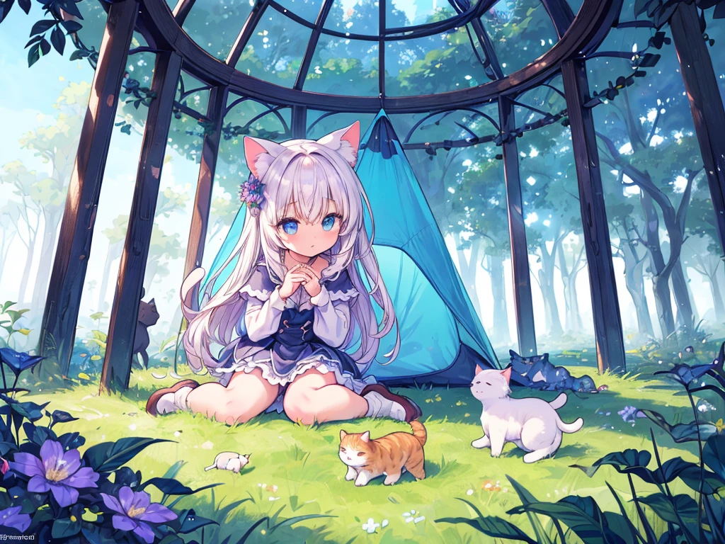 culmination masterpiece, impressive moment, unexampled superlative highres definitely organized　detail, from fowerd, from below, close contact, perfect fullbody, perfect hands, perfect face, perfect eyes, (2rest conspicuous nifty magical chibi girls in tent with perfect cats), fantasy world, forest field, illustration, Artistic, peaceful atmosphere, morning, 