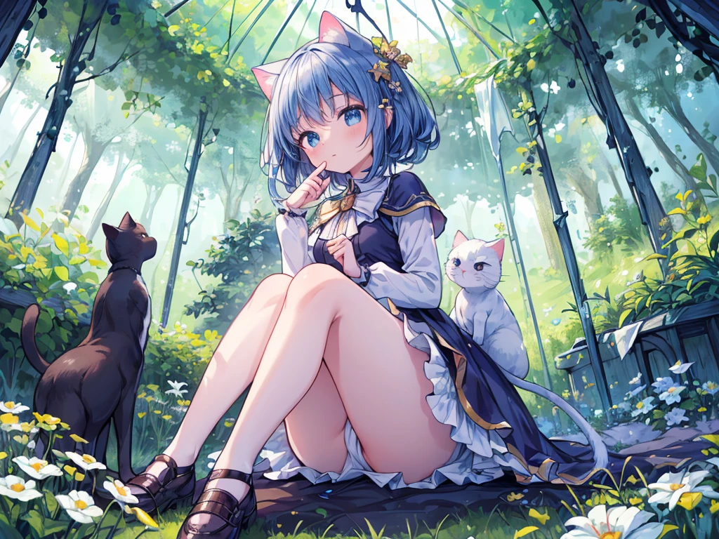 culmination masterpiece, impressive moment, unexampled superlative highres definitely organized detail, from fowerd, from below, close contact, perfect fullbody, perfect hands, perfect face, perfect eyes, (2rest conspicuous nifty magical chibi girls in tent with perfect cats), fantasy world, forest field, illustration, Artistic, peaceful atmosphere, morning,