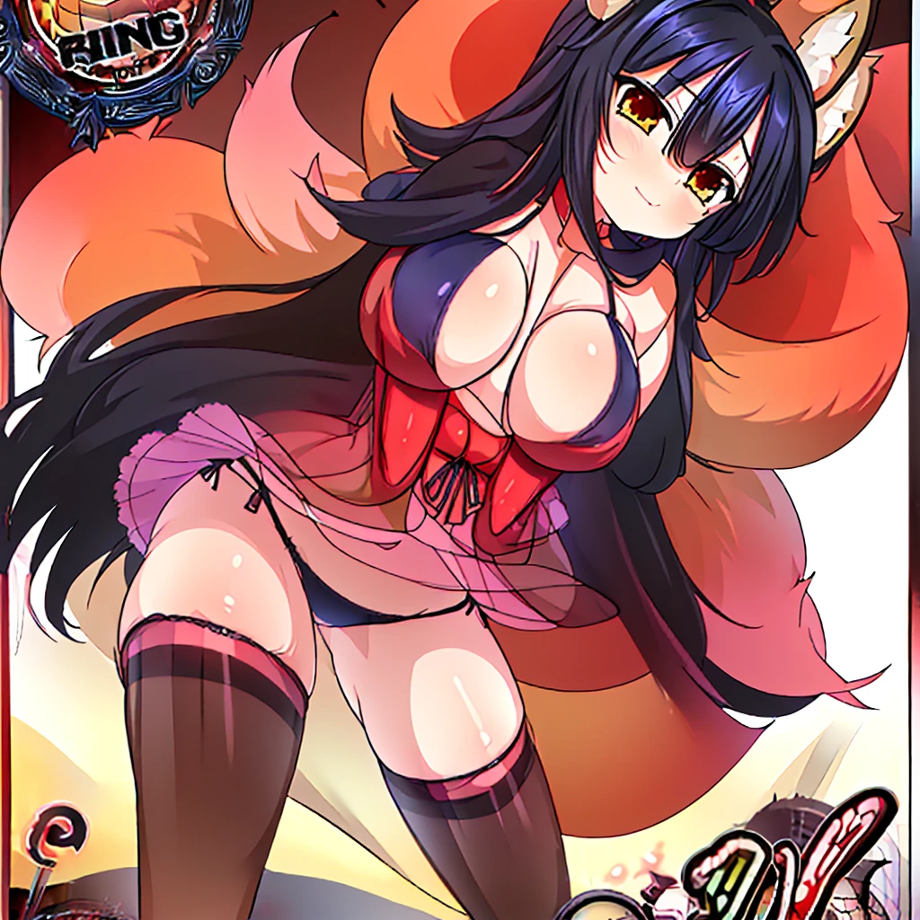 (remover censura), ((((sensuous))), holding a poster in his hands, best qualityer, masterprice, 1 girl, raytracing, face detailed, 8 k wallpaper, (high resolution), ssmile, breasts big, Transparent underwear, Buttocks, lying on a bed, long hair, Stockings, lace trim panties, legs spread open, holding a poster in his hands, animal ears, bangss, fox ears, gazing at viewer, fox tail, へそ,