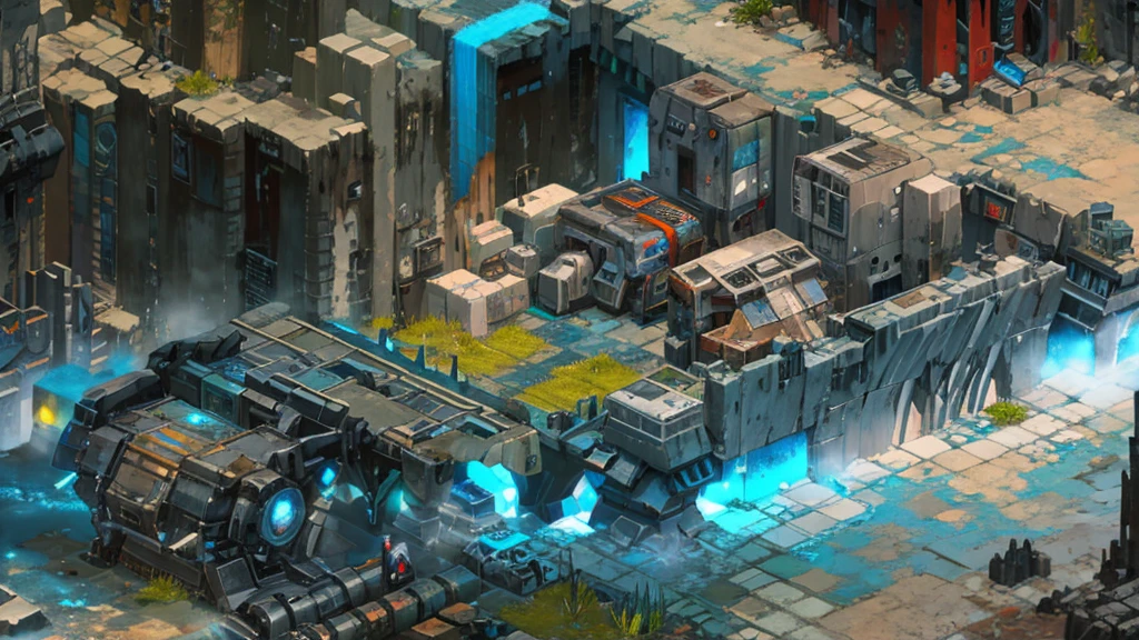 a futuristic abandoned cosmodrome, isometric rpg battle map, vivid cyberpunk colors, highly detailed, intricate machinery, glowing neon lights, crumbling concrete, rusty metal textures, overgrown vegetation, dramatic lighting, cinematic atmosphere, epic scale, advanced technology, industrial aesthetic, decaying infrastructure, complex architecture, advanced computer systems, sci-fi technology, futuristic design, moody color palette, dramatic shadows, volumetric fog, photorealistic, 8k, masterpiece