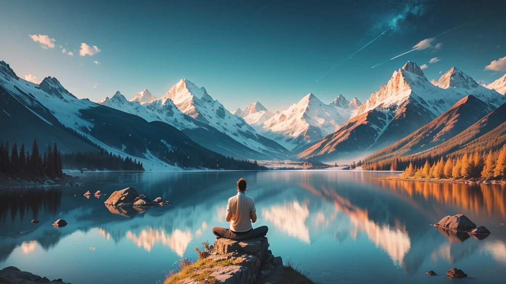 Person meditating. Beautiful landscape of lakes and mountains. Dream universe is fantastic. Symbols of nature. Feeling of grandeur and serenity. Kinematic lighting. 