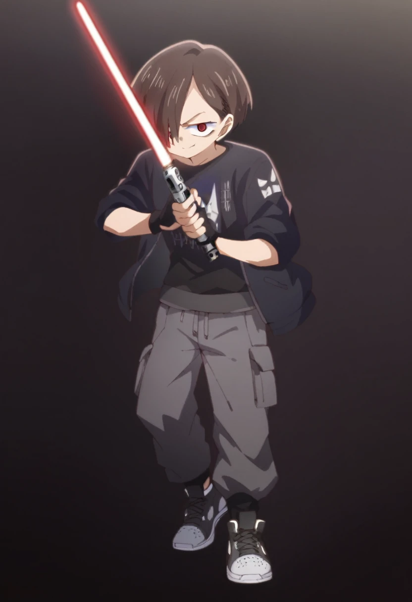 Kyoutarou Ichikawa,,, Red eyes, smile evil, black jacket, black t-shirt with red details, gray sports pants, sneakers, lightsaber de color rojo, lightsaber (star wars), black background, 