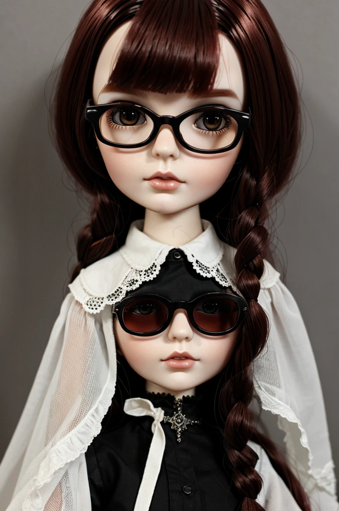 a blythe doll style doll with dark red hair and very white skin and black metal glasses