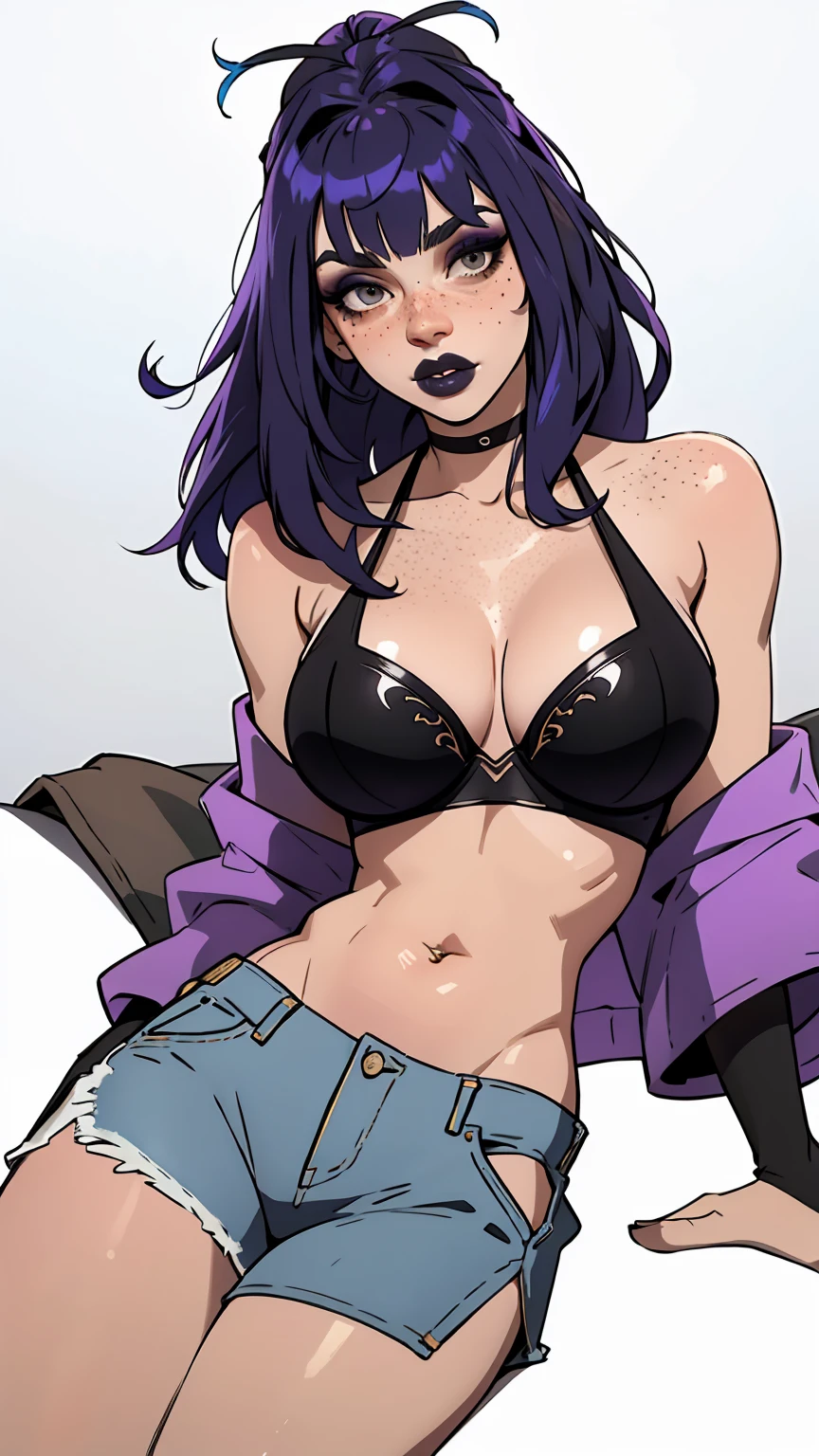 Goth woman, toned hot body, thick breasts, lavender dyed hair with bangs, e-girl makeup, freckles, deep v neck crop top bra, lots of jewelry, lounging pose